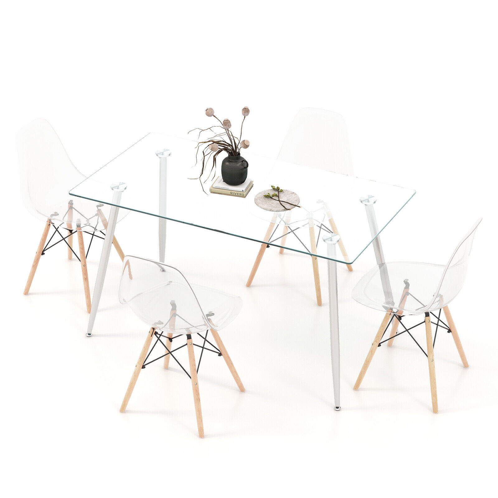 Costway 5 PCS Dining Table Set 51" Modern Rectangular Glass Table & 4