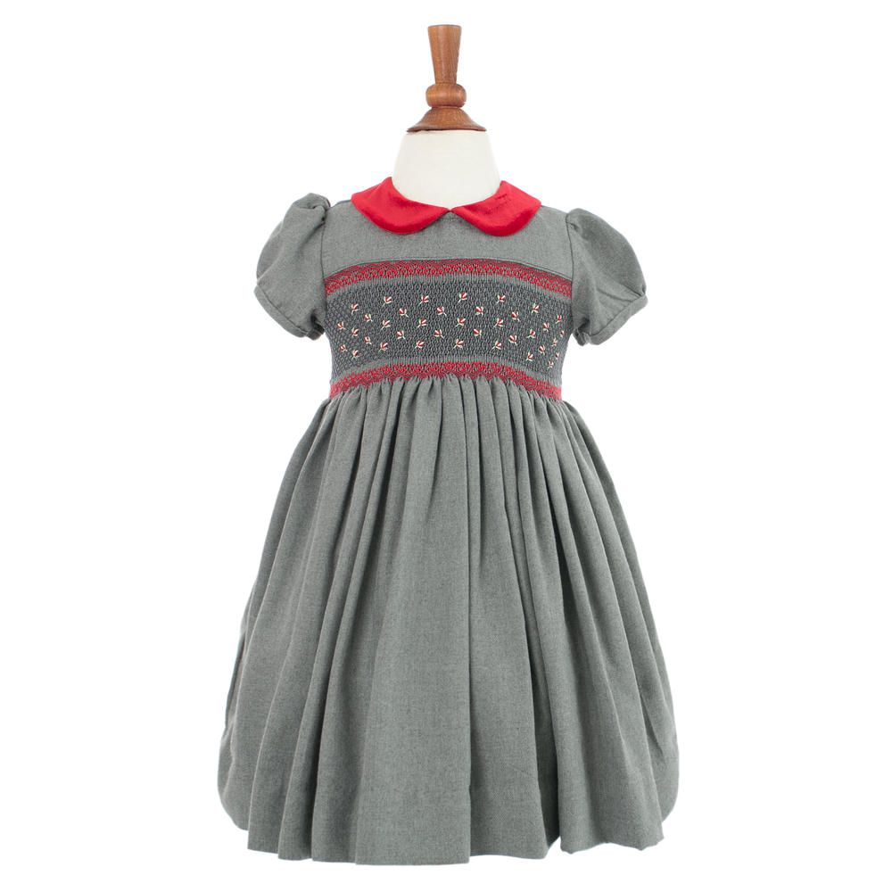 Carriage Boutique Baby/ Toddler Girls' Hand-Smocked Holiday Party Dress - Dark Gray with Red Flowers