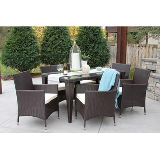 Meldecco Meld 7din Brn 7pc Brown Wicker Outdoor Dining Set With Rectangular Table Topped With Glass