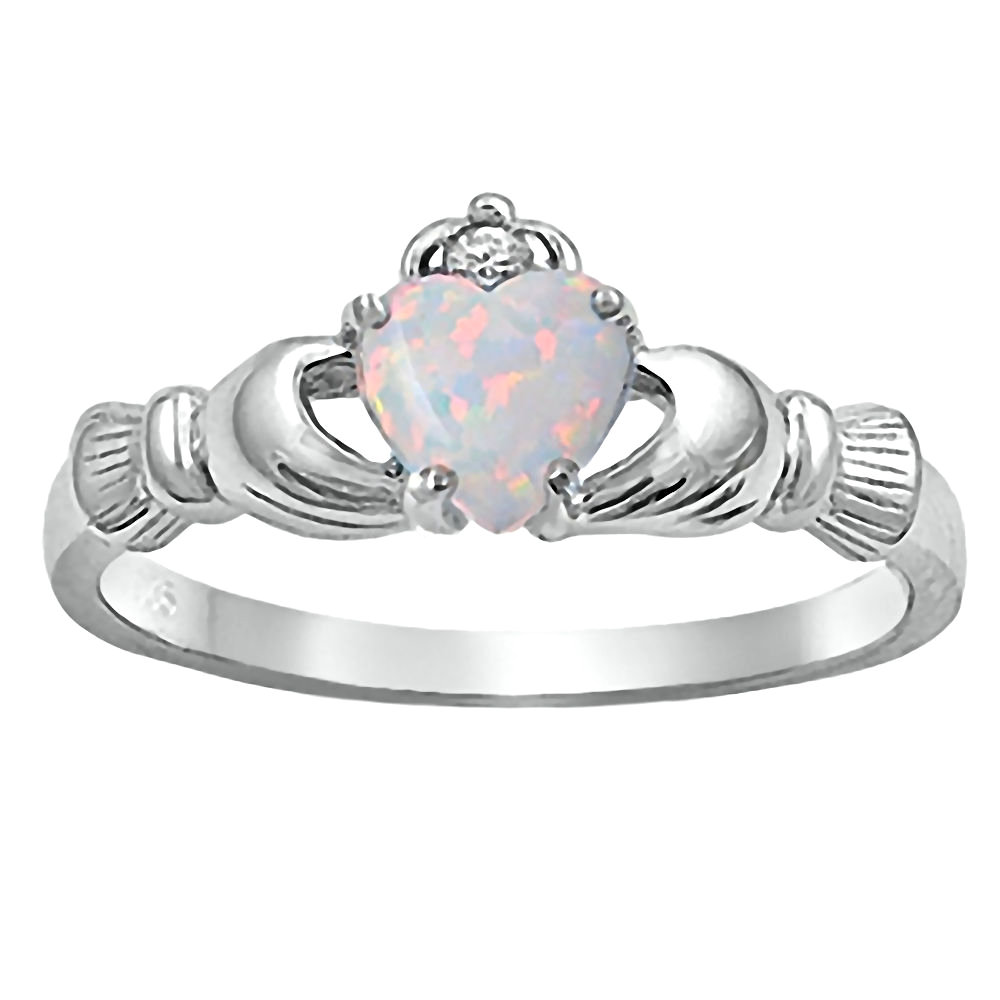 Trustmark Jewelers Fidelity: 0.765ct Heart-cut White Created Opal Engagement Dublin Claddagh Ring Silver 3185B