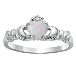 Trustmark Jewelers Fidelity: 0.765ct Heart-cut White Created Opal Engagement Dublin Claddagh Ring Silver 3185B