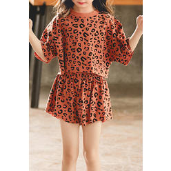 TOMCARRY Kids Girls Leopard Printed Round Neck Breathable Elasticated Waist Outfit