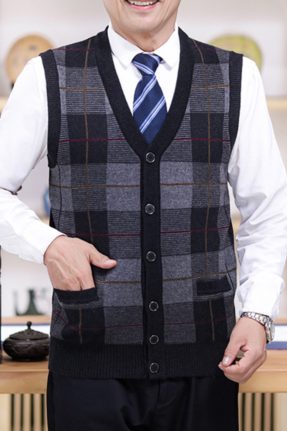 Mens Full-sleeve Knitted Classic Style argyle Jumper Waistcoat Cardigans V Neck