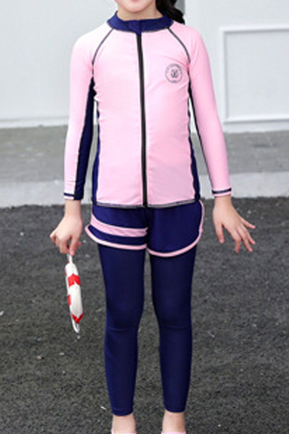 Tomcarry Kids Girls Contrast Full Sleeve Zip Up Long One Piece Swimwear