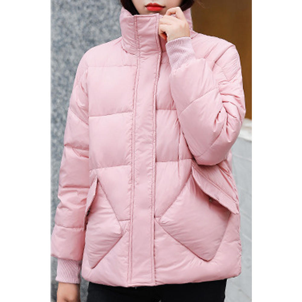ZaraBeez Women Classy Solid Pattern Warm Stand Up Collar Long Sleeve Tremendous Casual Snap Button Padded Jacket