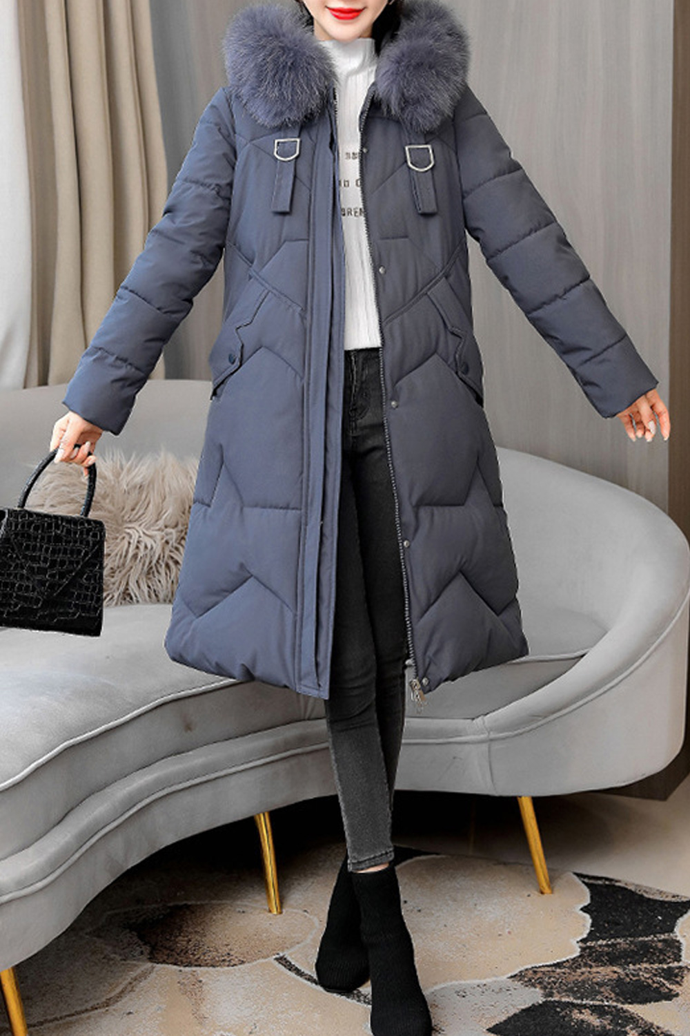 TOMCARRY Women Fabulous Winter Season Mid Length Cozy Long Sleeve Solid Pattern Wonderful Winter Padded Jacket