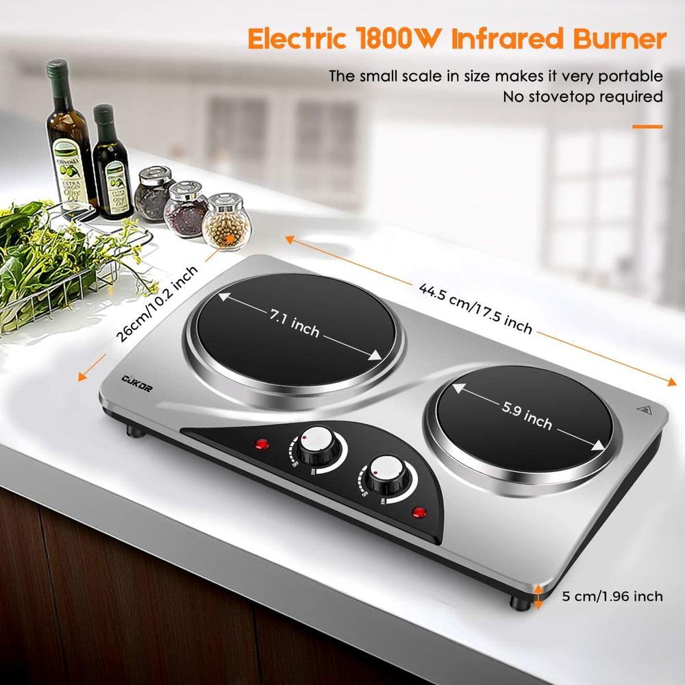 CUKOR Electric Hot Plate, 1800W Portable Electric Stove,Infrared Double Burner,Heat-up In Seconds,7.1 Inch Ceramic Glass Double