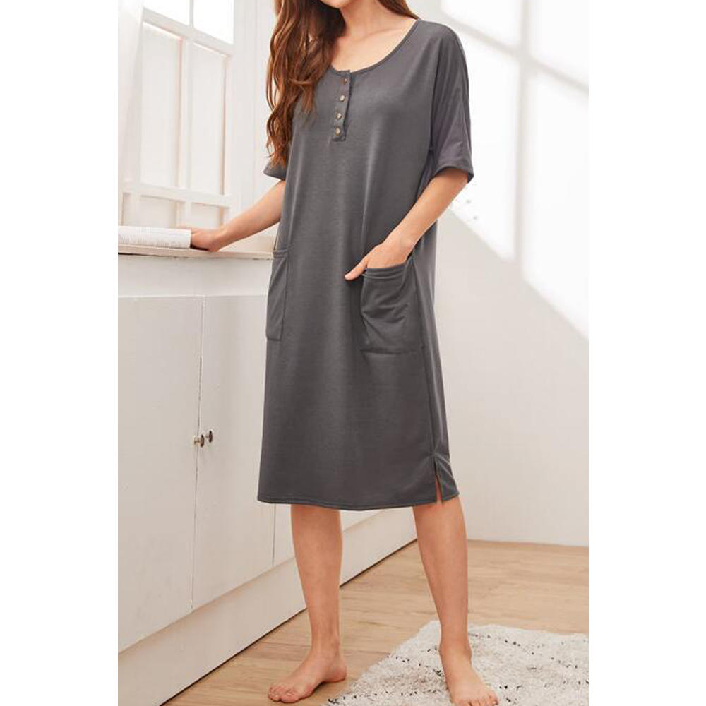 TOMCARRY Women Short Sleeve Flap Pockets Easy Round Neck Decent Solid Colored Mid-Length Pullover Sleeping Dress
