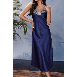 Yazona Women Two-Piece Easy Deep V-Neck Thin Long Sleeve Awesome Lace  Pattern Mid-Length Night Gown