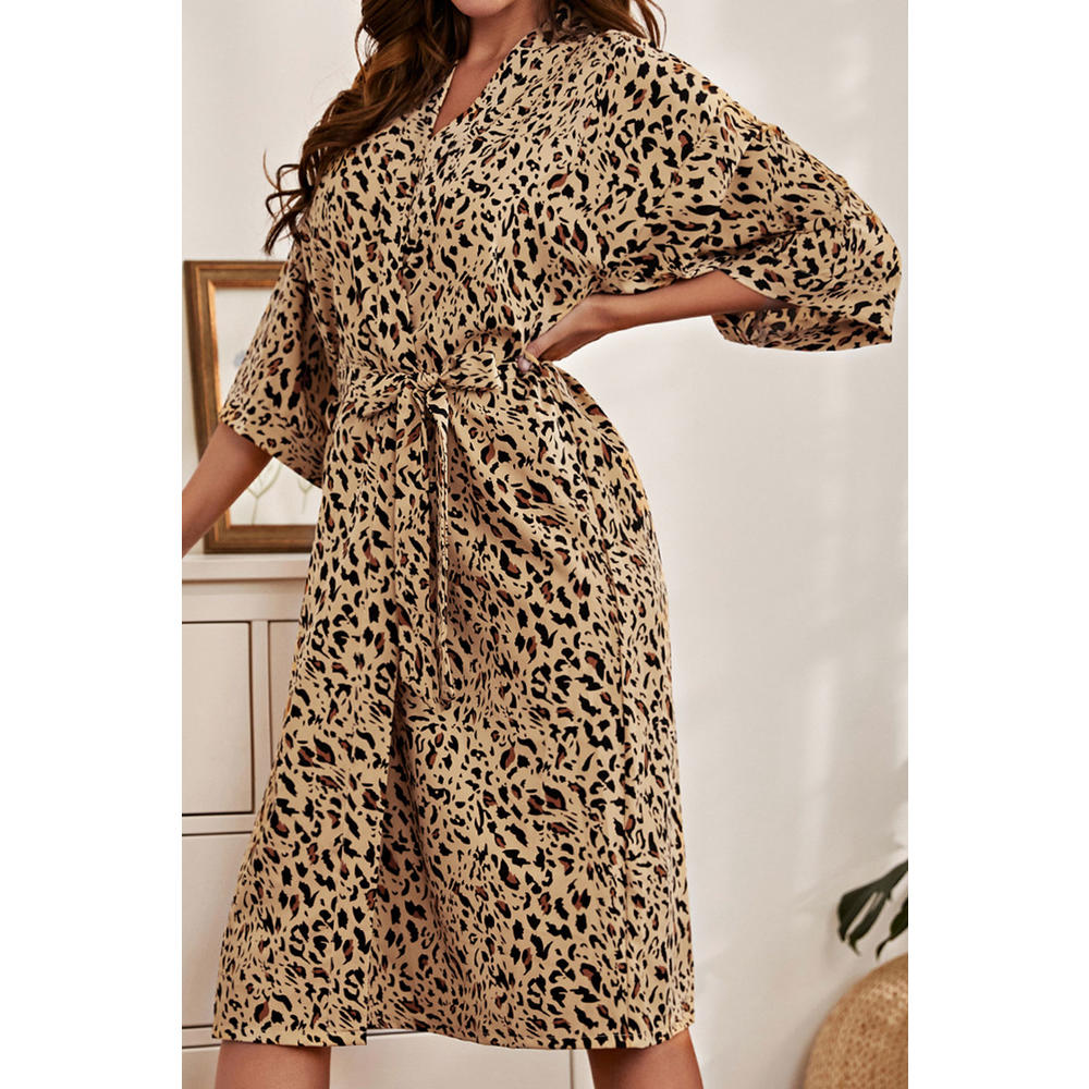 TOMCARRY Women Loose Styled Short Sleeve Elegent Leopard Pattern Deep V-Neck Thin & Soft Summer Night Gown