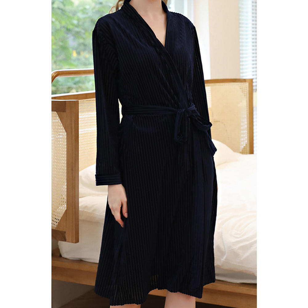 TOMCARRY Women Trendy Deep V-Neck Lovely Solid Colored Long Sleeve Easy Belt Waist Summer Night Gown
