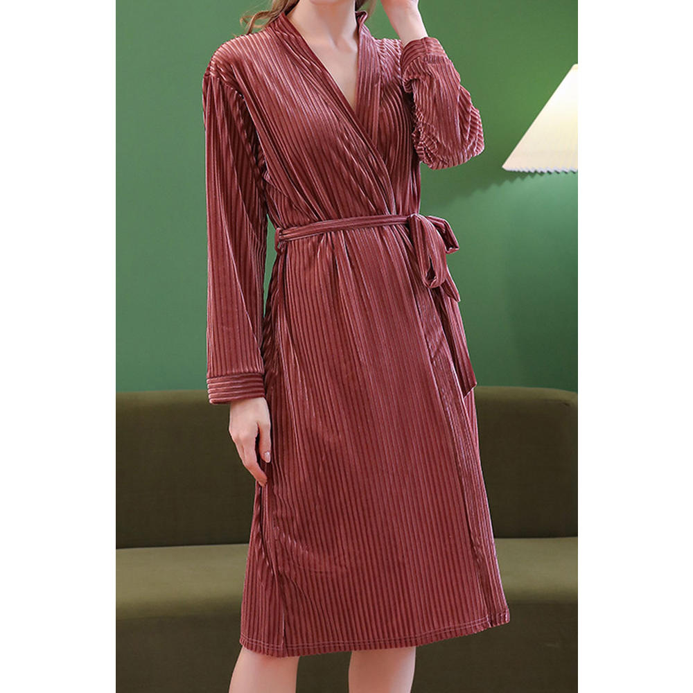 TOMCARRY Women Trendy Deep V-Neck Lovely Solid Colored Long Sleeve Easy Belt Waist Summer Night Gown