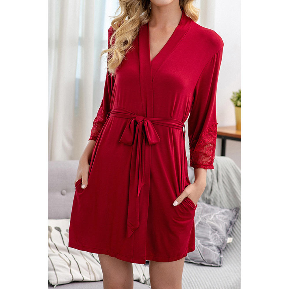 TOMCARRY Women Stylish Deep V-Neck Pockets Styled Loose Long Sleeve Beautiful Solid Colored Belt Waist Night Gown