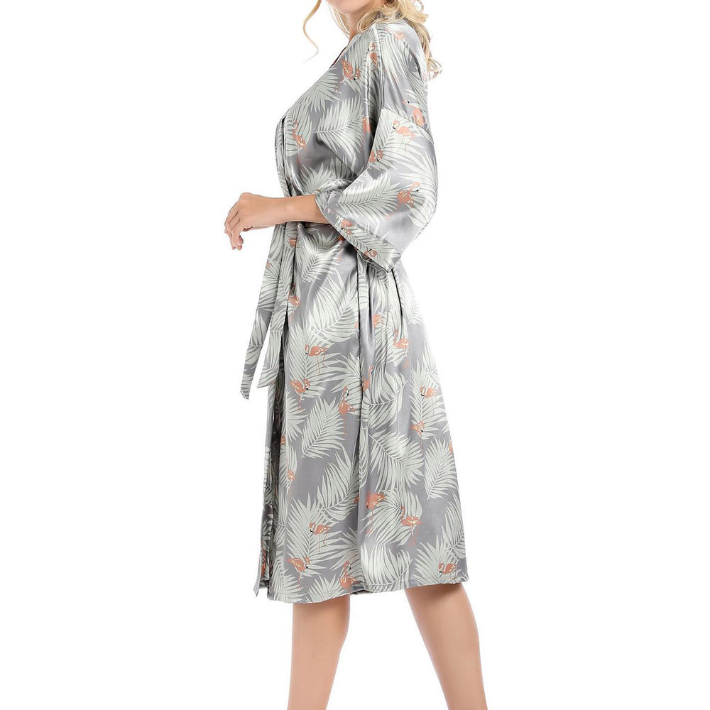 TOMCARRY Women Restful Short Sleeve Easy Deep V-Neck Amazing Floral Pattern Belt Waist Night Gown