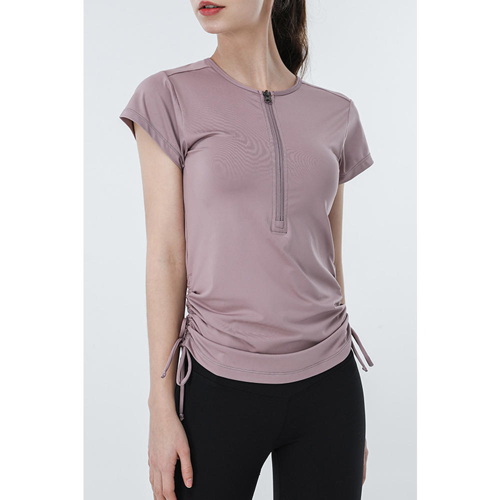 TOMCARRY Women Thin Drawstring Zip Up Activewear T-Shirt