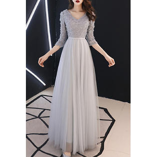 TOMCARRY Women Elbow Sleeve V-Neck Style Pleated Long Skirt Evening Party Dress, Gray