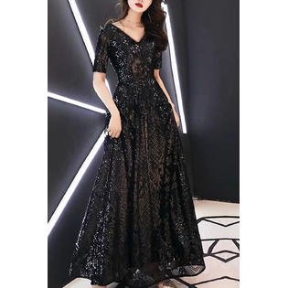 TOMCARRY Women Elbow Sleeve V-Neck Style Long Shiny Skirt Soft Party Dress, Black