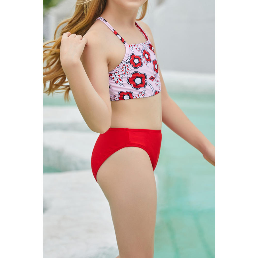TOMCARRY Kids Girls Sophisticated Floral Pattern Thin Straped Neck Summer Two-Piece Pool Swimwear