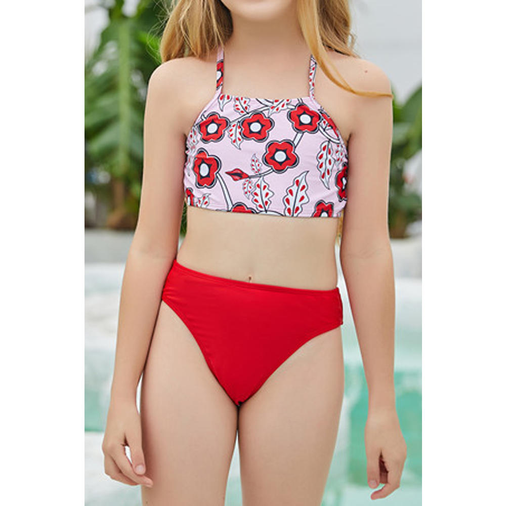 TOMCARRY Kids Girls Sophisticated Floral Pattern Thin Straped Neck Summer Two-Piece Pool Swimwear