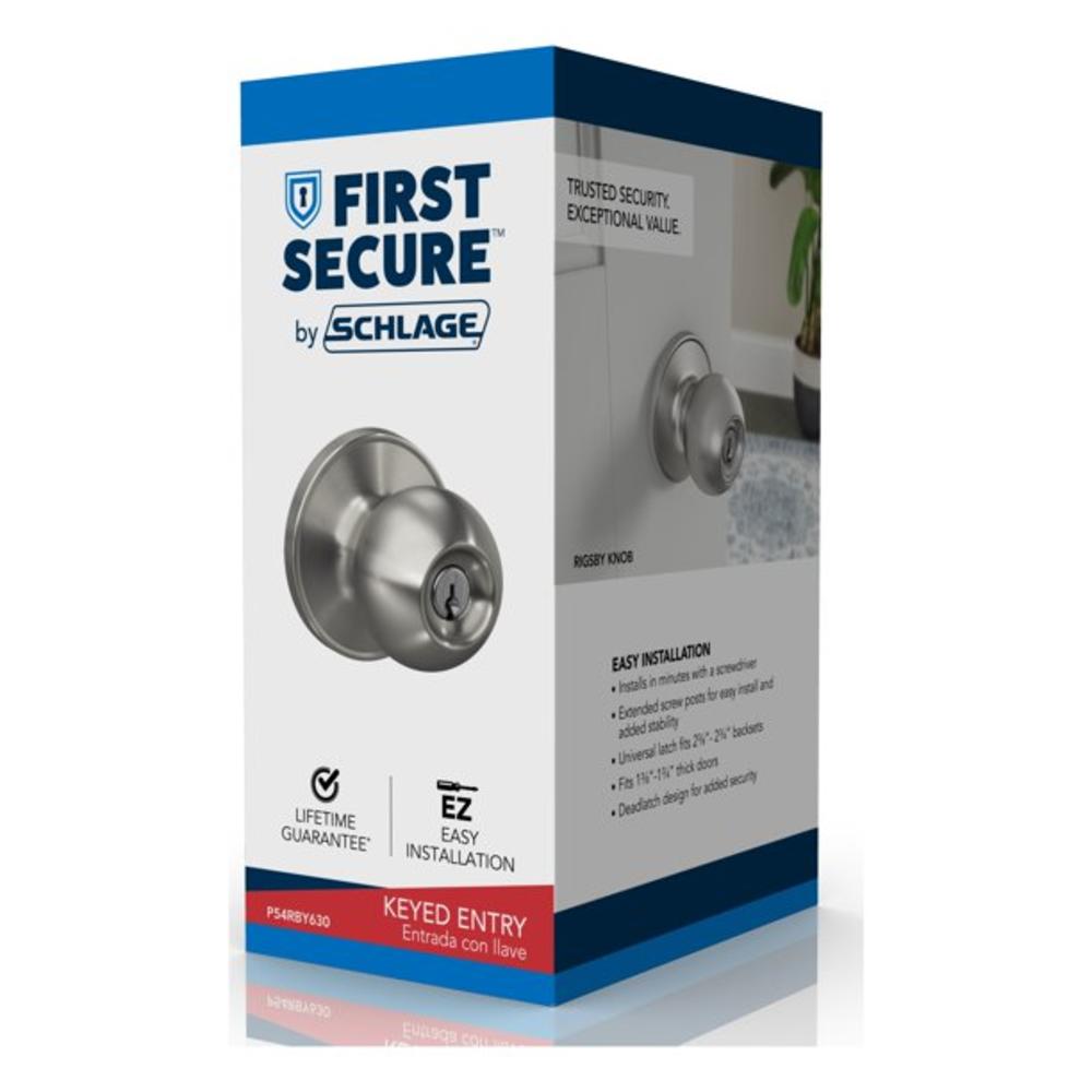 First Secure by Schlage Rigsby Keyed Entry Door Knob Lock in Satin Stainless Steel for Exterior Door