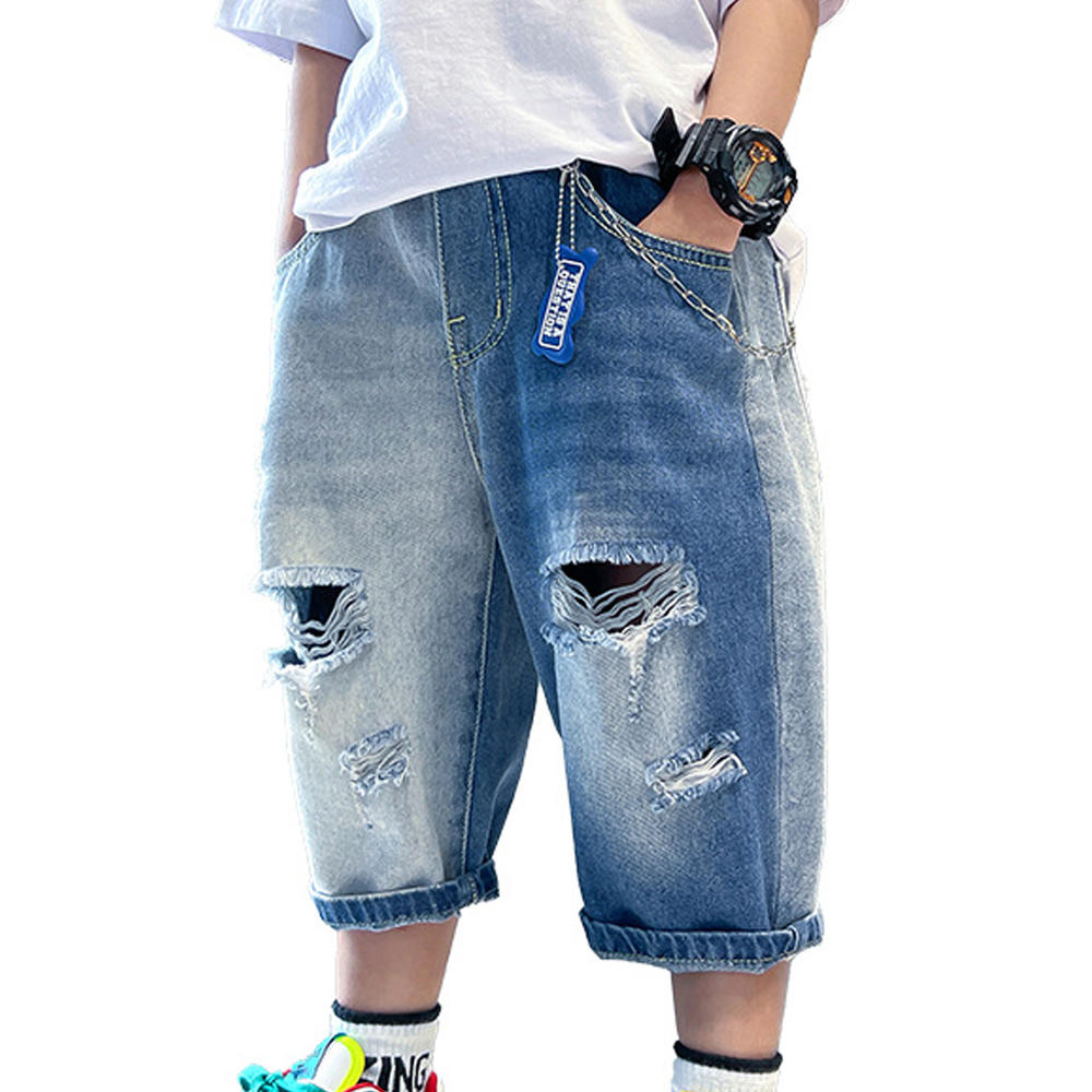 TOMCARRY Kids Boys Ripped Styled Elegent Solid Colored Elasticated Mid-Waist Restful Weekend Denim Short