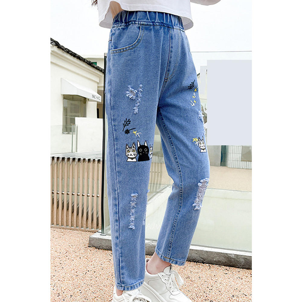 TOMCARRY Kids Girls Lovely Cartoon Pattern Pockets Designed Summer Restful Elasticated Mid-Waist Ripped Denim Jeans