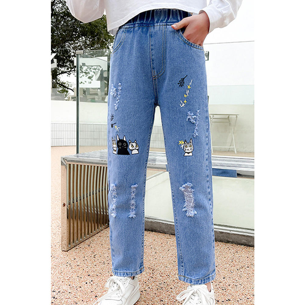 TOMCARRY Kids Girls Lovely Cartoon Pattern Pockets Designed Summer Restful Elasticated Mid-Waist Ripped Denim Jeans