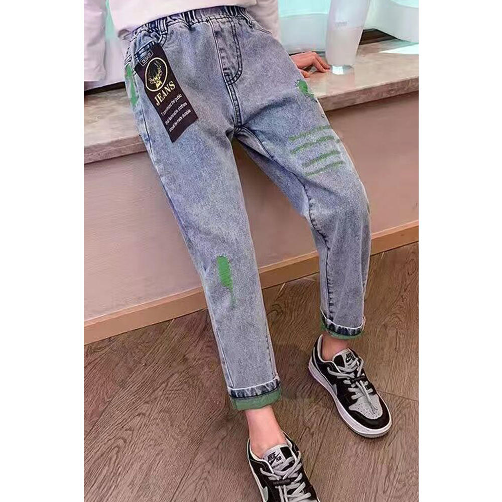 TOMCARRY Kids Girls Sophisticated Letter Pattern Summer Relaxed Fit Elasticated Mid-Waist Denim Jeans