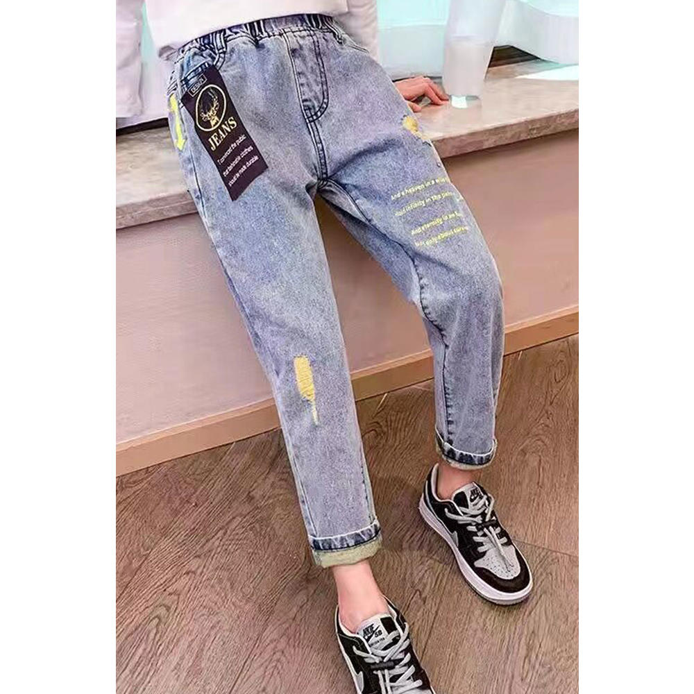 TOMCARRY Kids Girls Sophisticated Letter Pattern Summer Relaxed Fit Elasticated Mid-Waist Denim Jeans
