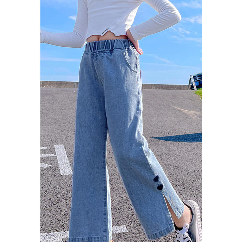 TOMCARRY Kids Girls Comfortable Wide-legs Elasticated Mid-Waist Trendy Solid Colored Summer Weekend Denim Jeans