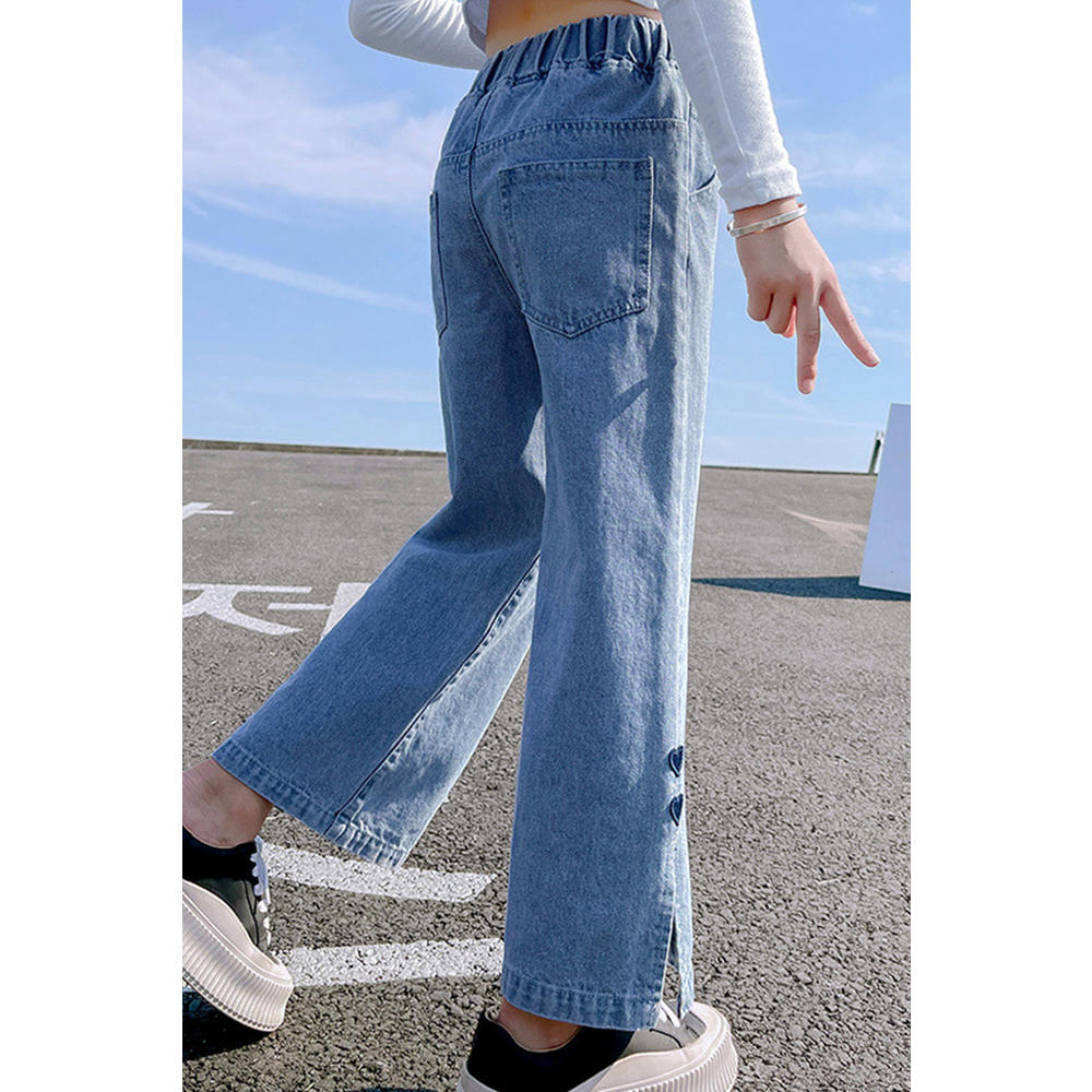 TOMCARRY Kids Girls Comfortable Wide-legs Elasticated Mid-Waist Trendy Solid Colored Summer Weekend Denim Jeans
