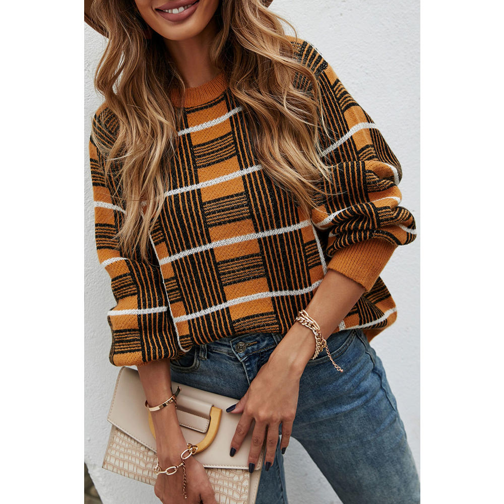 Tom Carry Women Beautiful Plaid Pattern Restful Round Neck Knitted Long Sleeve Winter Pullover Sweater