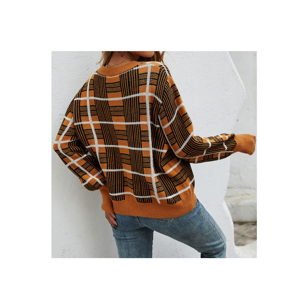 Tom Carry Women Beautiful Plaid Pattern Restful Round Neck Knitted Long Sleeve Winter Pullover Sweater