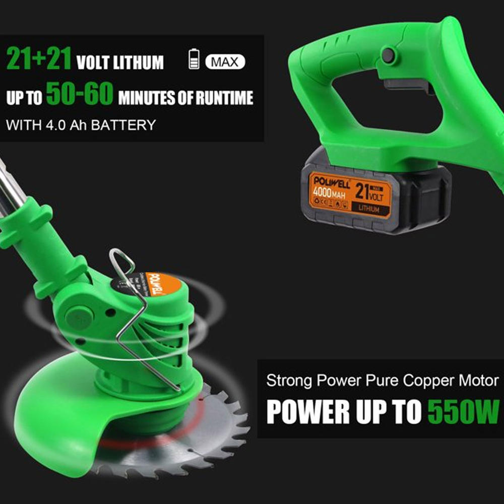 POLIWELL Cordless Grass String Trimmer Battery Powered, 21V 4.0Ah Lawn Edger Brush Cutter Electric Weed Eater
