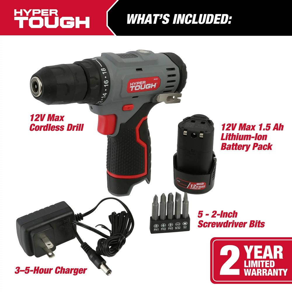 Hyper Tough 12V Max* Lithium-ion Cordless 3/8-inch Drill Driver with 1.5Ah Battery, 99303