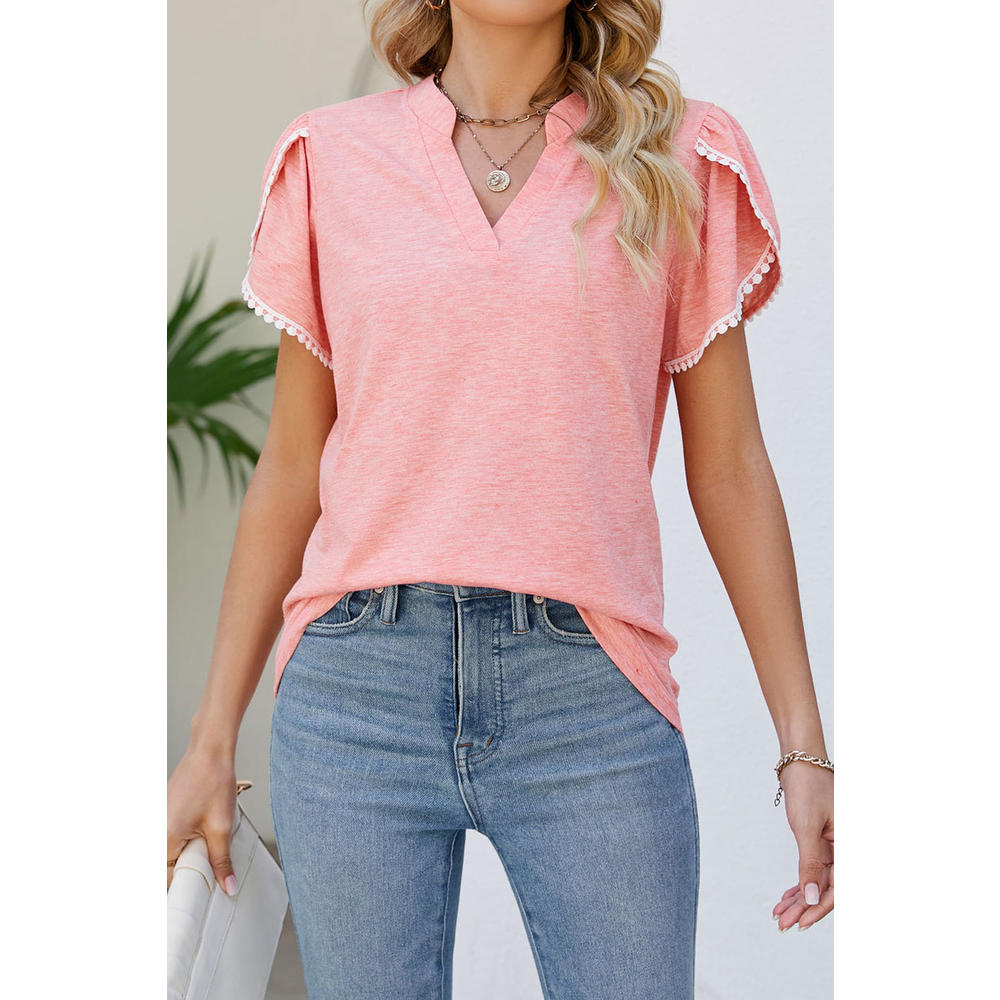 Tom Carry Women New Fashion V- Neck Lace Petal Short Sleeves Solid Color Summer Loose Casual Top