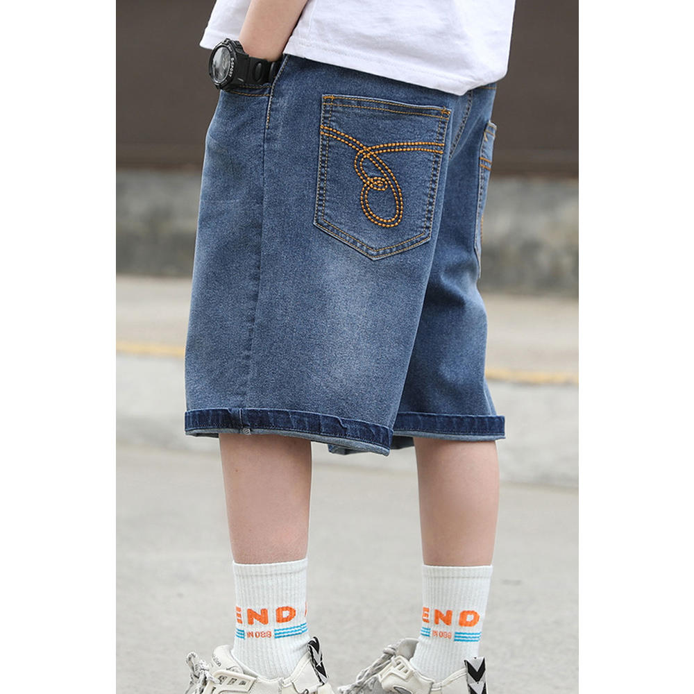 Tom Carry Kids Boys New Fashionable Waistband Half-Assed Zipper Tidal Range Solid Color Pattern Summer Casual Loose Five-Point Pants Denim