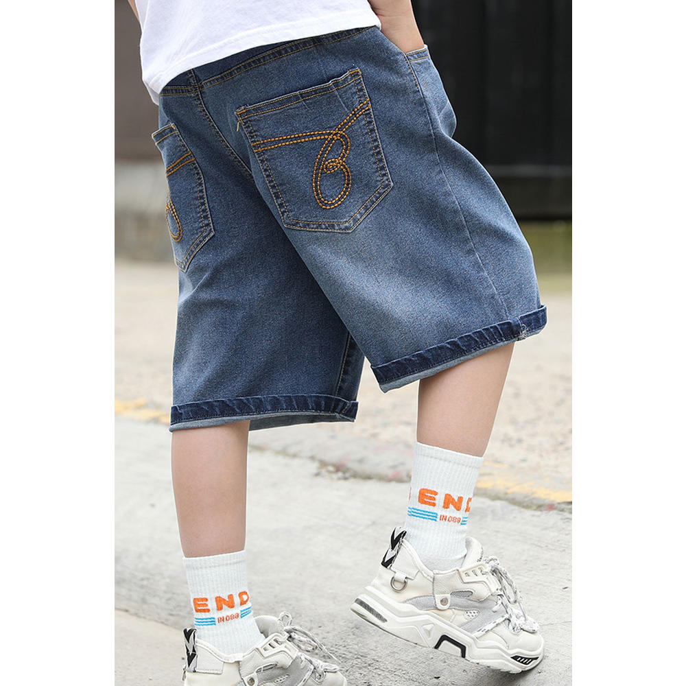 Tom Carry Kids Boys New Fashionable Waistband Half-Assed Zipper Tidal Range Solid Color Pattern Summer Casual Loose Five-Point Pants Denim