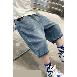 Tom Carry Kids Boys New Fashion Middle Waist Elastic Belt Solid Color Matching Pattern Summer Thin Section Casual Mid-Pants Trend Denim Sh