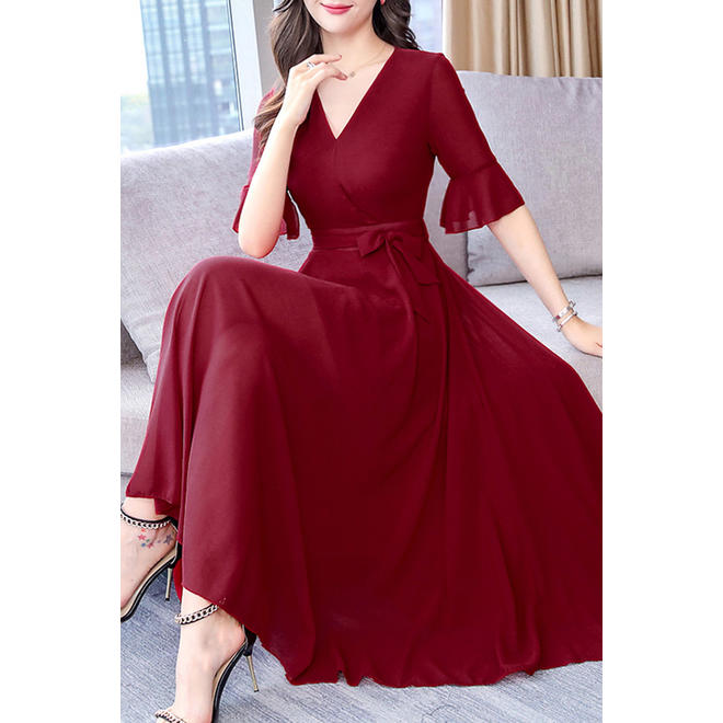 chiffon burgundy maxi dress S Burgundy Halter V-Neck Chiffon Bridesmaid Maxi Dress main image 1