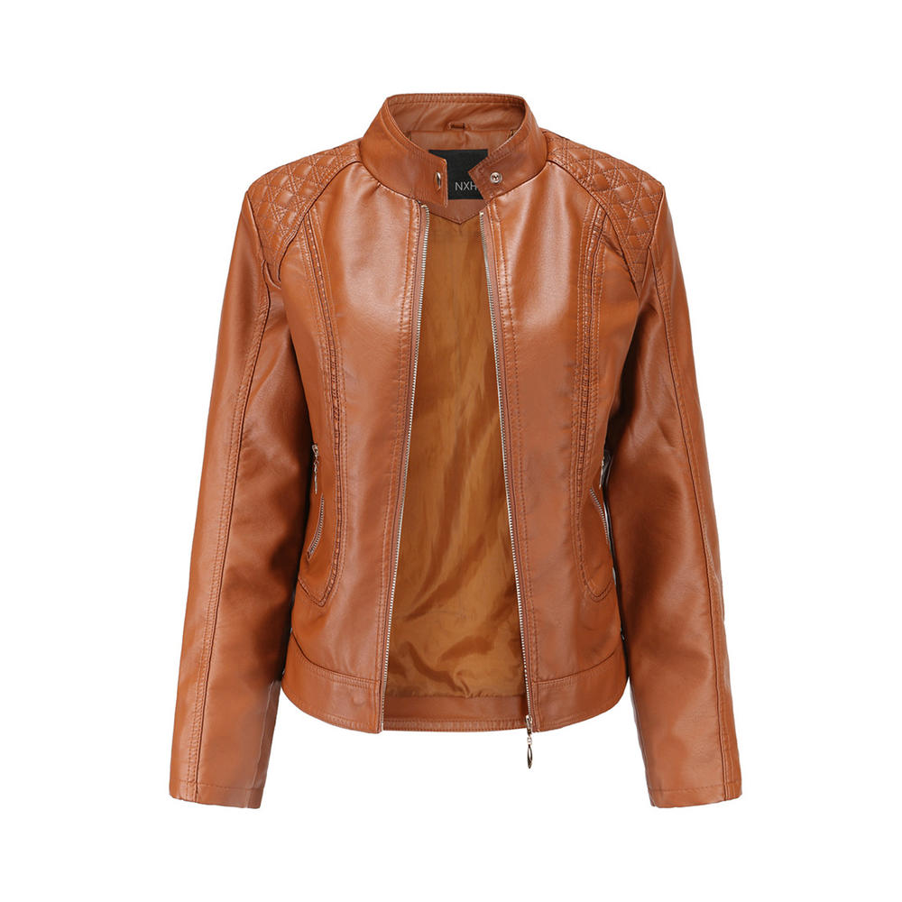 Tom Carry Women Warm Solid Color Zipper Closure Leather Jacket
