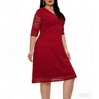 TOMCARRY Women Plus V-Neck Short Sleeves Lace Party Dress