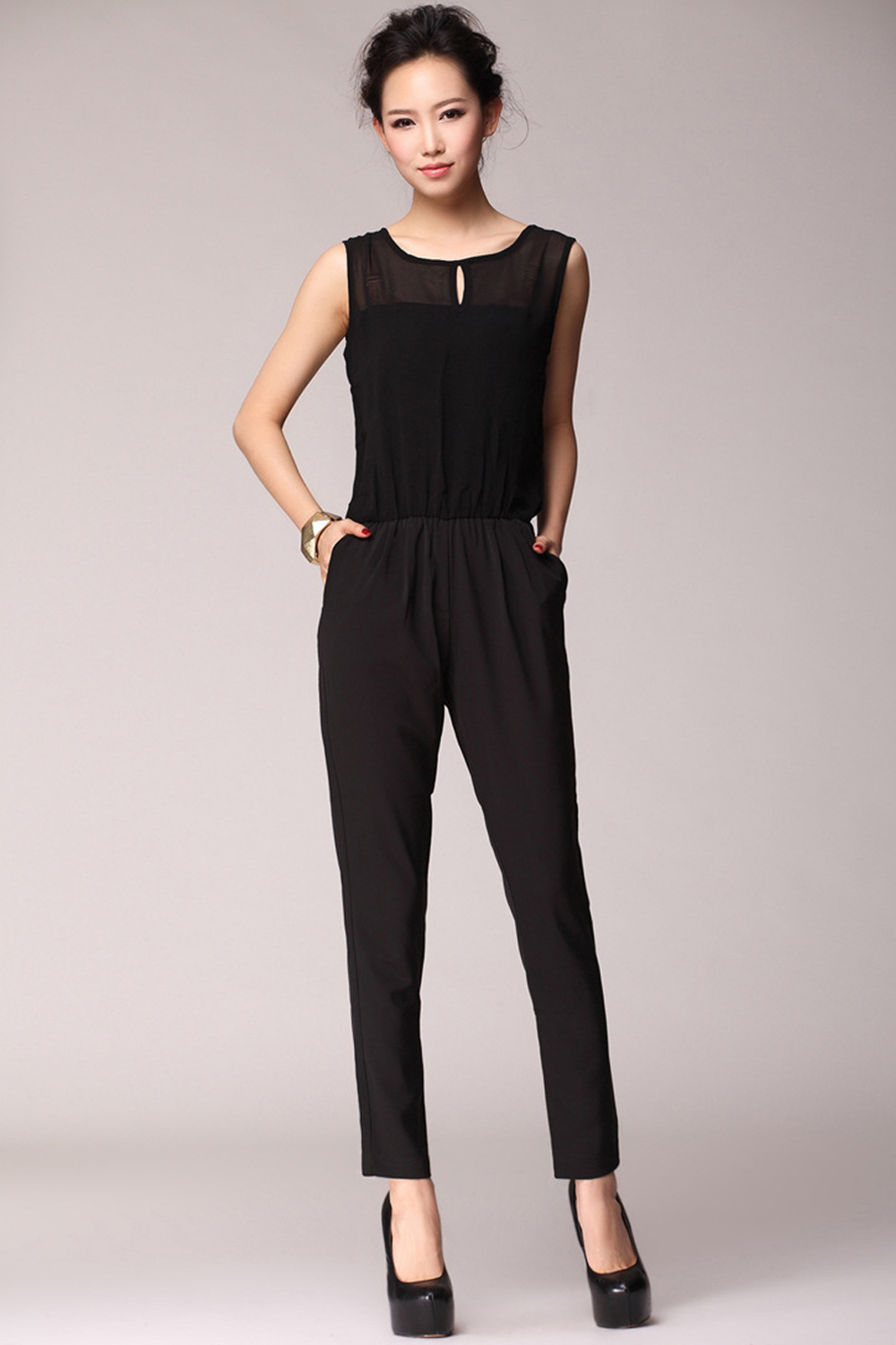 black jumpsuit with elastic ankle