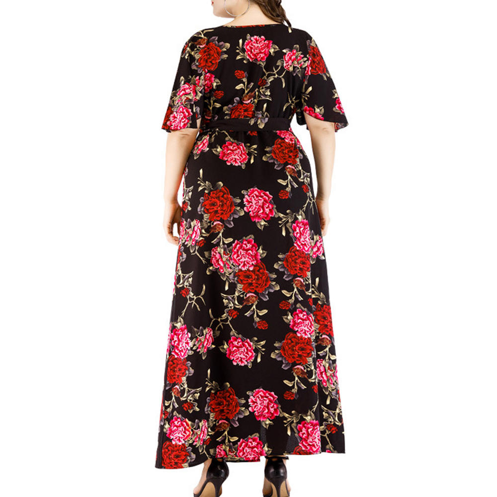 TOMCARRY Women Plus Floral Tie Waist V-Neck Dress