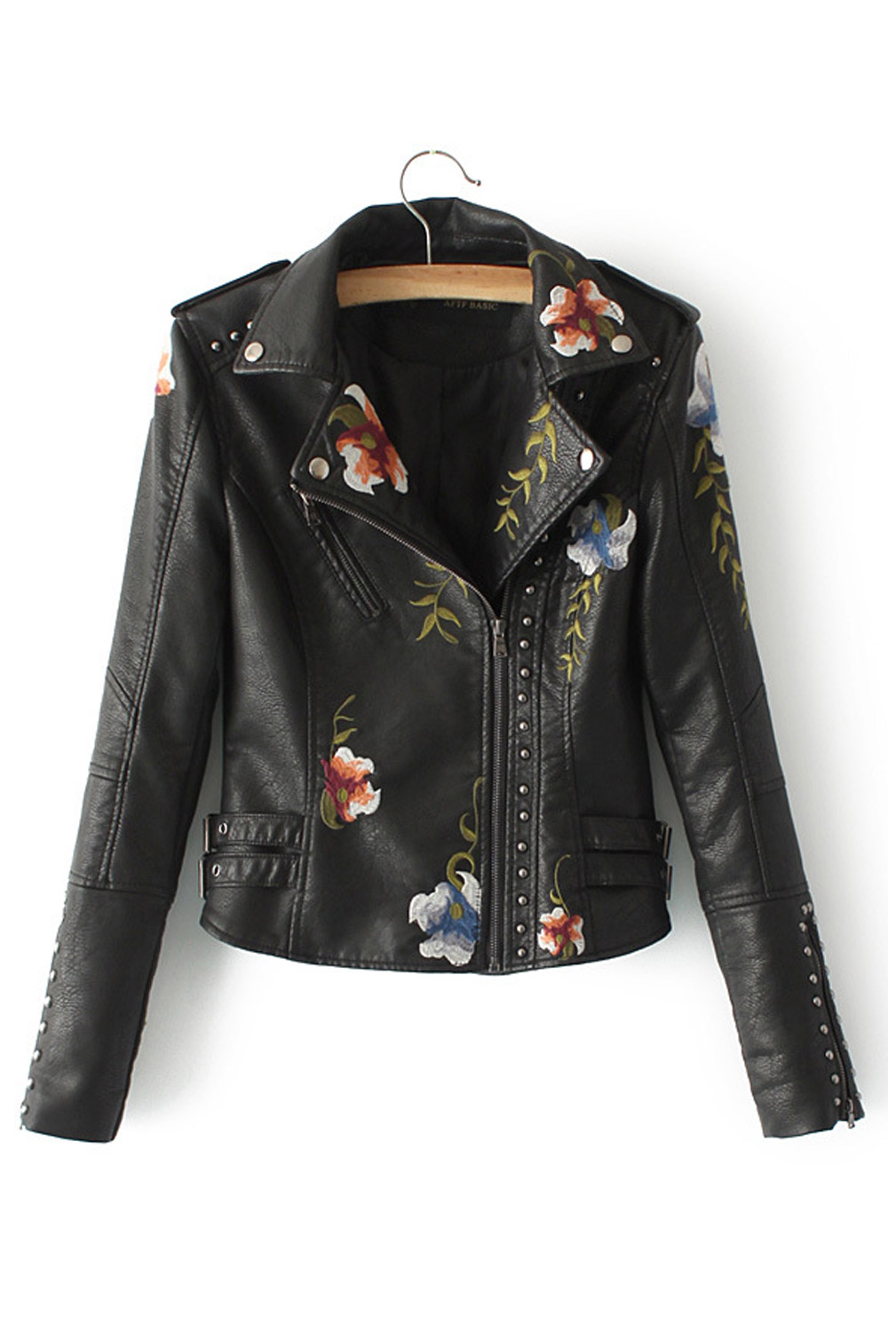TOMCARRY Women Classy Floral Embroidered Pearls Decorated Leather Jacket
