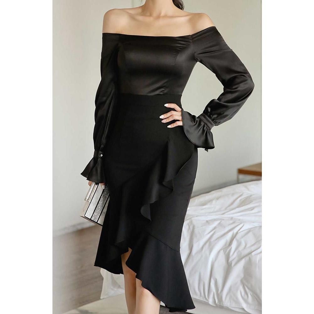 Tom Carry Women Ruffled Off Neck Trumpet Sleeve Party Dress