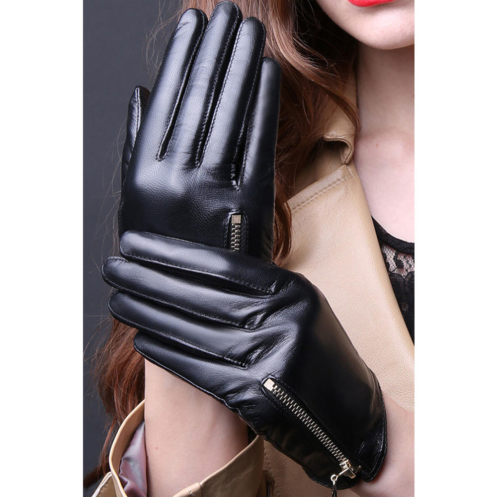 TOMCARRY Women Lovely Warm Thick Solid Color Zipper Leather Gloves