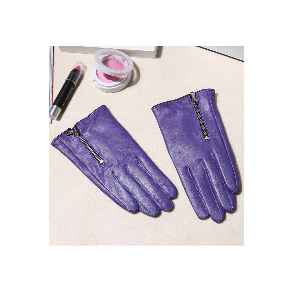 TOMCARRY Women Lovely Warm Thick Solid Color Zipper Leather Gloves