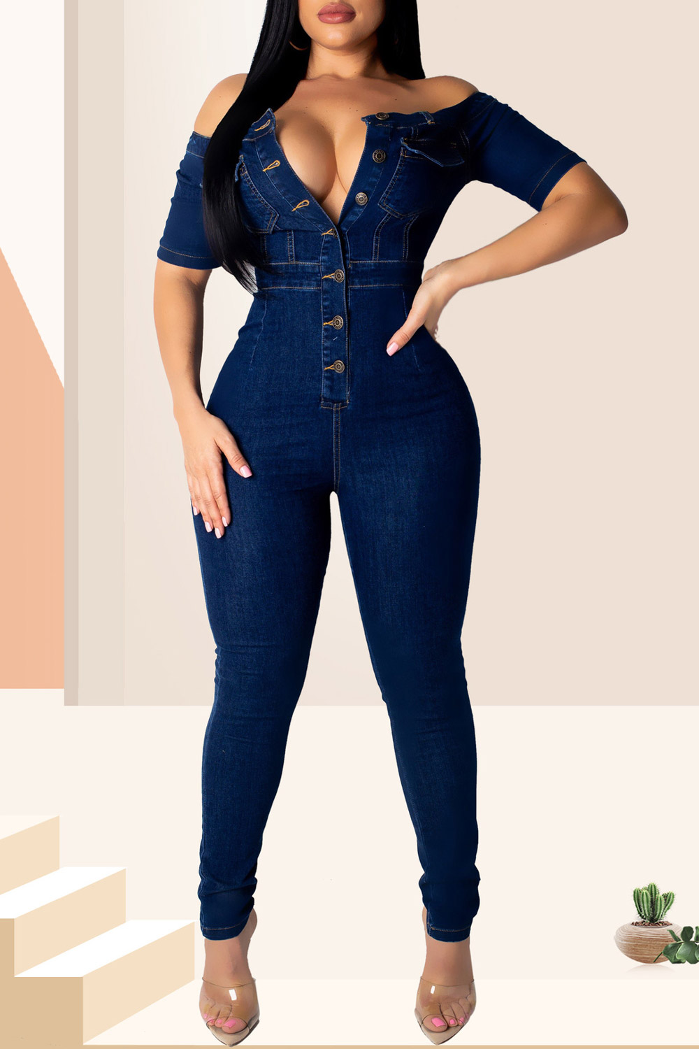 off shoulder jean jumpsuit