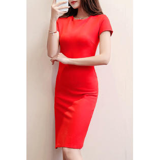 TOMCARRY Women Elegant Round Neck Solid Color Slim Fit Dress, Blue
